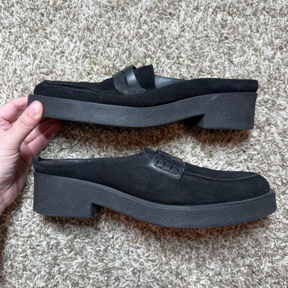 Free People Payton Suede Slip on Stacked Heeled Penny Loafer Mules Black - Picture 2 of 7